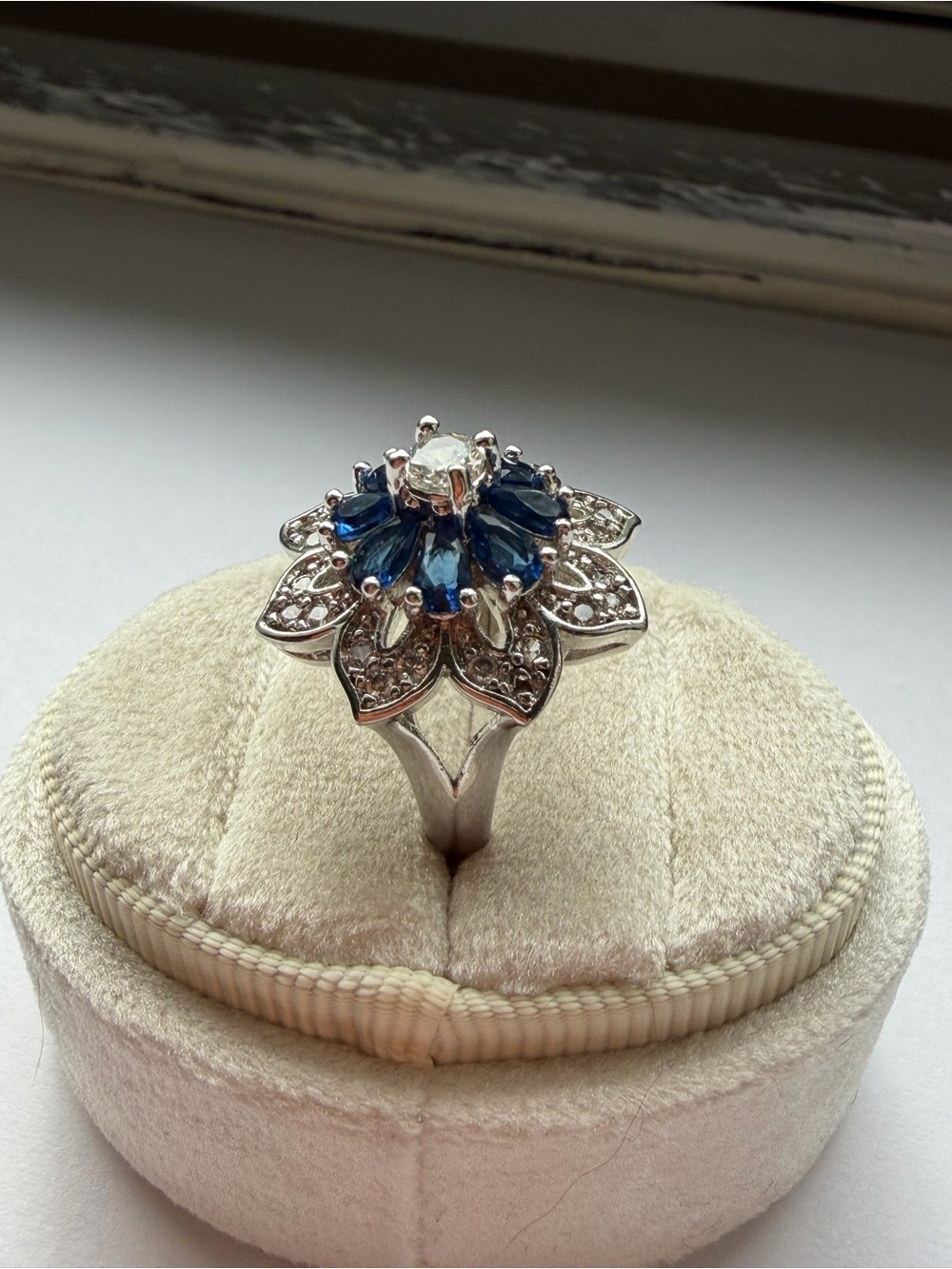 Silver Floral Blue and Clear Rhinestone Cluster Cocktail Ring Costume Jewelry